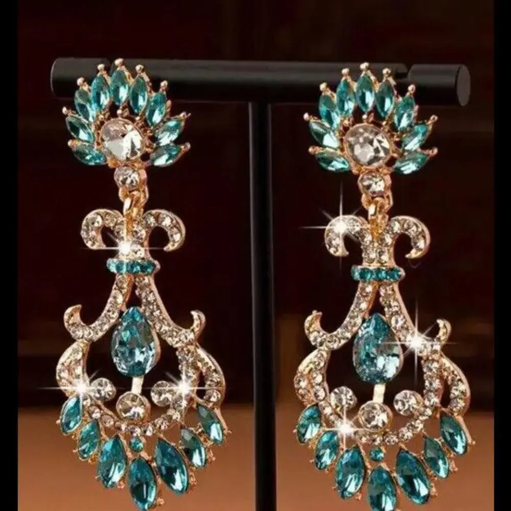 💎Beautiful Gold Tone Dangle Pierced Earring Turquoise Clear Stones Costume - Picture 2 of 4